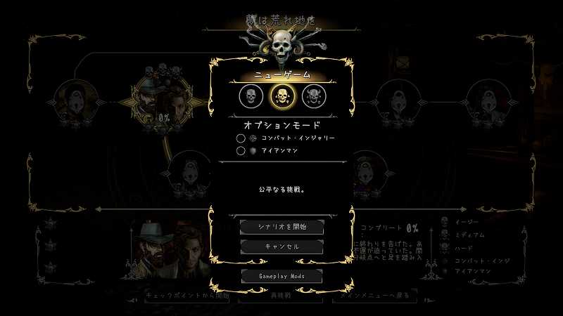 PC ゲーム Hard West 日本語化メモ、日本語化＋うずらフォント（uzura.ttf）変更後のスクリーンショット