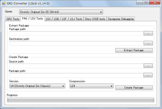 PC ゲーム Divinity: Original Sin - Enhanced Edition 日本語化とゲームプレイ最適化メモ、Mod 情報、アンパック・リパックツール ExportTool、ExportTool-latest.zip をダウンロードして展開・解凍、ConverterApp.exe を実行、GR2 Converter 画面 PAK / LSV Tools タブ、pak ファイルをアンパック・リパックに使用