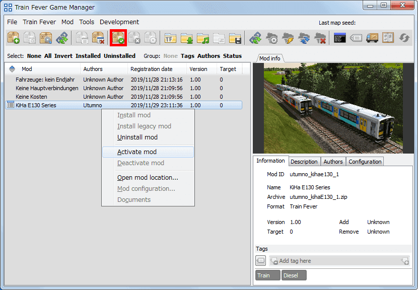 PC ゲーム Train Fever ゲームプレイ最適化メモ、Train Fever - Mod 導入方法、Mod 管理ツール - Train Fever Game Manager（TFGM） の使い方、Mod 有効化（Activate）方法、Mod を選択して右クリックから Activate Mod をクリック、または画面上部赤枠のチェックマークアイコンをクリック