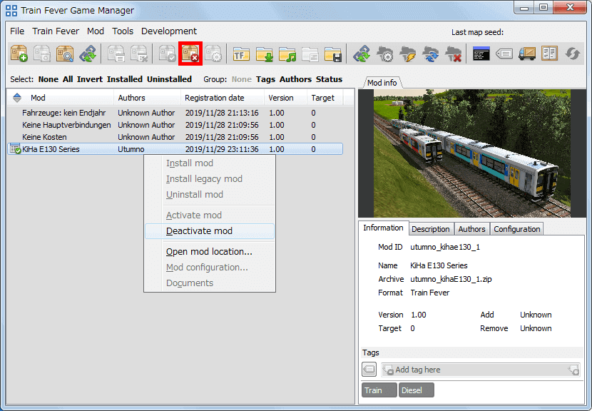 PC ゲーム Train Fever ゲームプレイ最適化メモ、Train Fever - Mod 導入方法、Mod 管理ツール - Train Fever Game Manager（TFGM） の使い方、Mod 無効化（Deactivate）方法、Mod を選択して右クリックから Deactivate Mod をクリック、または画面上部赤枠の赤丸×アイコンをクリック