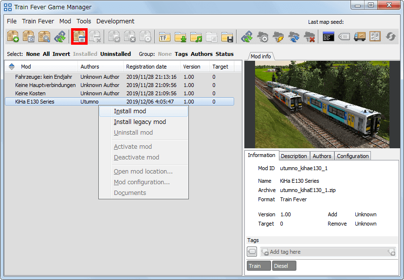 PC ゲーム Train Fever ゲームプレイ最適化メモ、Train Fever - Mod 導入方法、Mod 管理ツール - Train Fever Game Manager（TFGM） の使い方、Mod インストール方法、アンインストール済みの状態から Mod を選択して右クリックから Install Mod をクリック、または画面上部赤枠のウィンドウアイコンをクリック