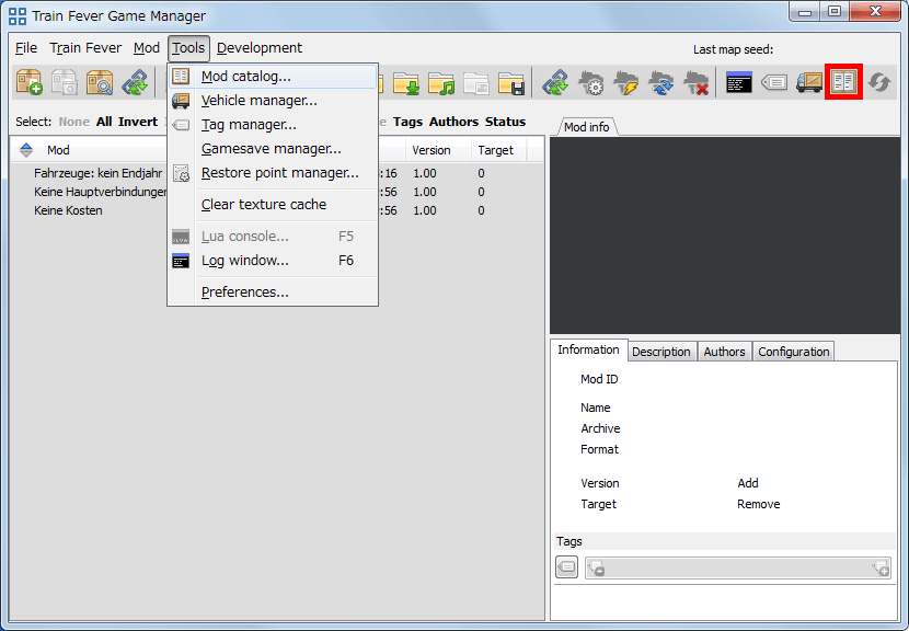 PC ゲーム Train Fever ゲームプレイ最適化メモ、Train Fever - Mod 導入方法、Mod 管理ツール - Train Fever Game Manager（TFGM） の使い方、カタログ画面の開き方、メニューから Mod → catalog をクリック、または画面上部赤枠のアイコンをクリック