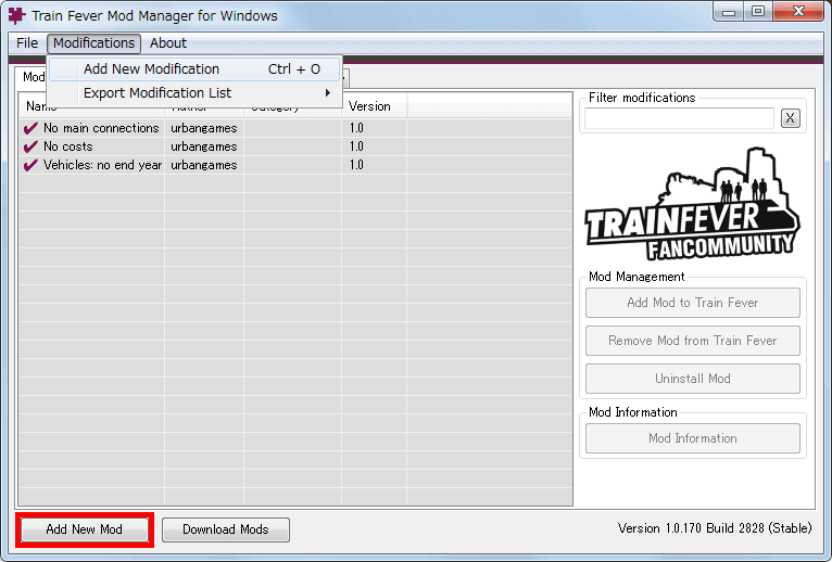 PC ゲーム Train Fever ゲームプレイ最適化メモ、Train Fever - Mod 導入方法、Mod 管理ツール - Train Fever Mod Manager（TFMM） の使い方、Mod 追加方法、ダウンロードした Mod 圧縮ファイルを画面内にドラッグ＆ドロップ、Add New Mod ボタンをクリック、またはメニューから Modifications → Add New Modification をクリックして Mod 圧縮ファイルを選択