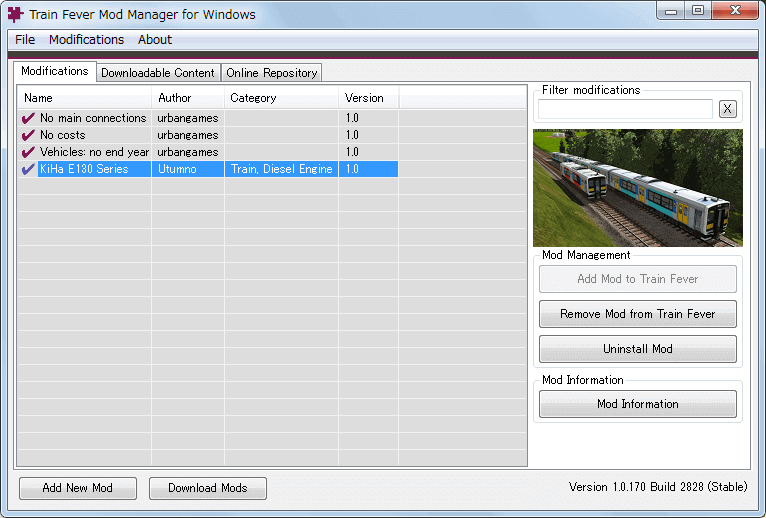 PC ゲーム Train Fever ゲームプレイ最適化メモ、Train Fever - Mod 導入方法、Mod 管理ツール - Train Fever Mod Manager（TFMM） の使い方、Mod を登録した状態