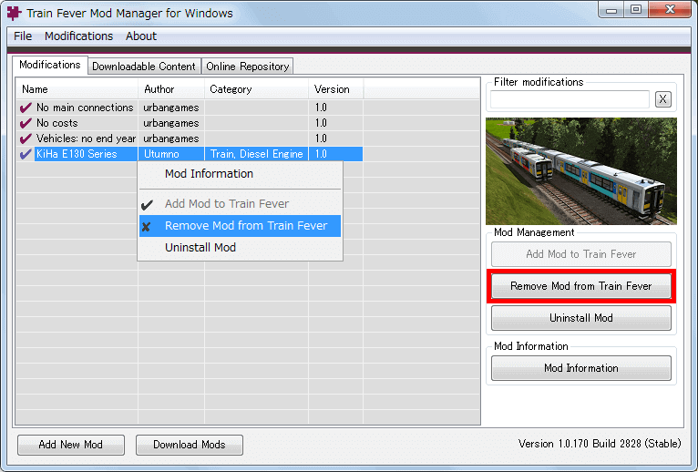 PC ゲーム Train Fever ゲームプレイ最適化メモ、Train Fever - Mod 導入方法、Mod 管理ツール - Train Fever Mod Manager（TFMM） の使い方、Mod 一時削除方法、一時的に削除したい Mod を選択して右クリックから Remove Mod from Train Fever をクリック、または画面右側にある Remove Mod from Train Fever ボタンをクリック