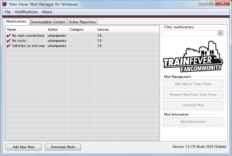 PC ゲーム Train Fever ゲームプレイ最適化メモ、Train Fever - Mod 導入方法、Mod 管理ツール - Train Fever Mod Manager（TFMM） の使い方、Train Fever Mod Manager v1.0.170 の TFMM.exe 実行、Train Fever Mod Manager（TFMM） 起動