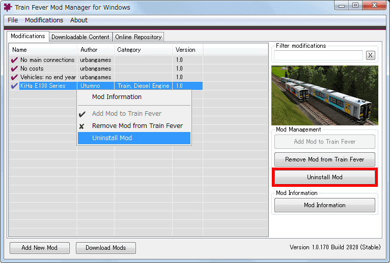 PC ゲーム Train Fever ゲームプレイ最適化メモ、Train Fever - Mod 導入方法、Mod 管理ツール - Train Fever Mod Manager（TFMM） の使い方、Mod アンインストール方法、アンインストールしたい Mod を選択して右クリックから Uninstall Mod をクリック、または画面右側にある Uninstall Mod ボタンをクリック