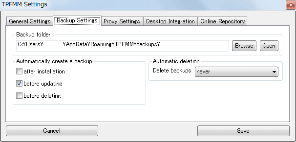 PC ゲーム Transport Fever 日本語化とゲームプレイ最適化メモ、Transport Fever - Mod 導入方法、Mod 管理ツール - Transport Fever Mod Manager（TPFMM） の使い方、Mod バックアップ設定、Backup Settings タブにある Backup folder パス（%AppData%\TPFMM\backups フォルダ）