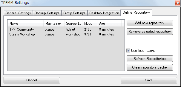 PC ゲーム Transport Fever 日本語化とゲームプレイ最適化メモ、Transport Fever - Mod 導入方法、Mod 管理ツール - Transport Fever Mod Manager（TPFMM） の使い方、TPFMM Settings 画面 Online Repository タブ