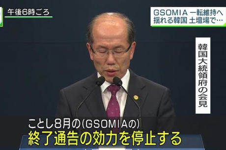 韓国の土壇場でのGSOMIA終了撤回について、日本政府内に「文大統領の外交下手が露呈した」との冷ややかな声 … 「文大統領が勝手に興奮して、ハードルを上げて自爆しただけだ」と厳しく批判する関係者も