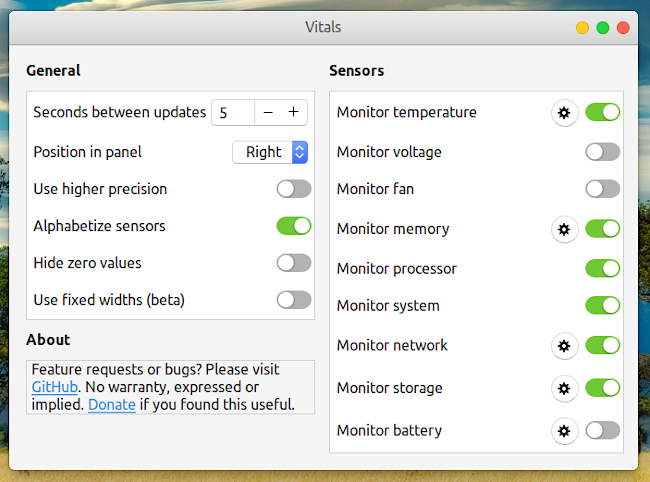 Vitals GNOME Shell 拡張機能 オプション